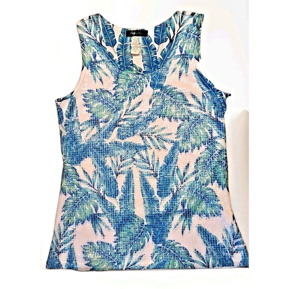 Only Nine Sequined Tank Blouse Size XL Topical Leaves Blue on White Gift NWOT